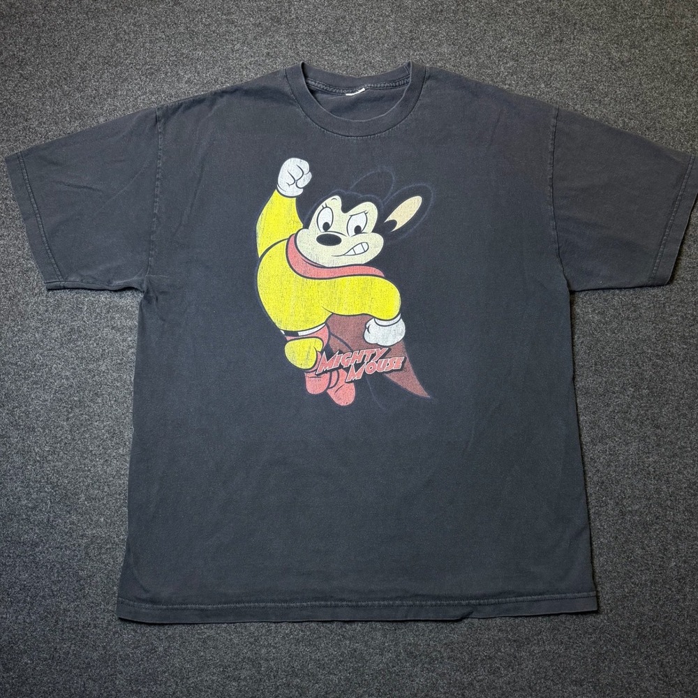 Vintage Mighty Mouse T-Shirt Mens XL Black Graphic Tee Retro Cartoon Faded
